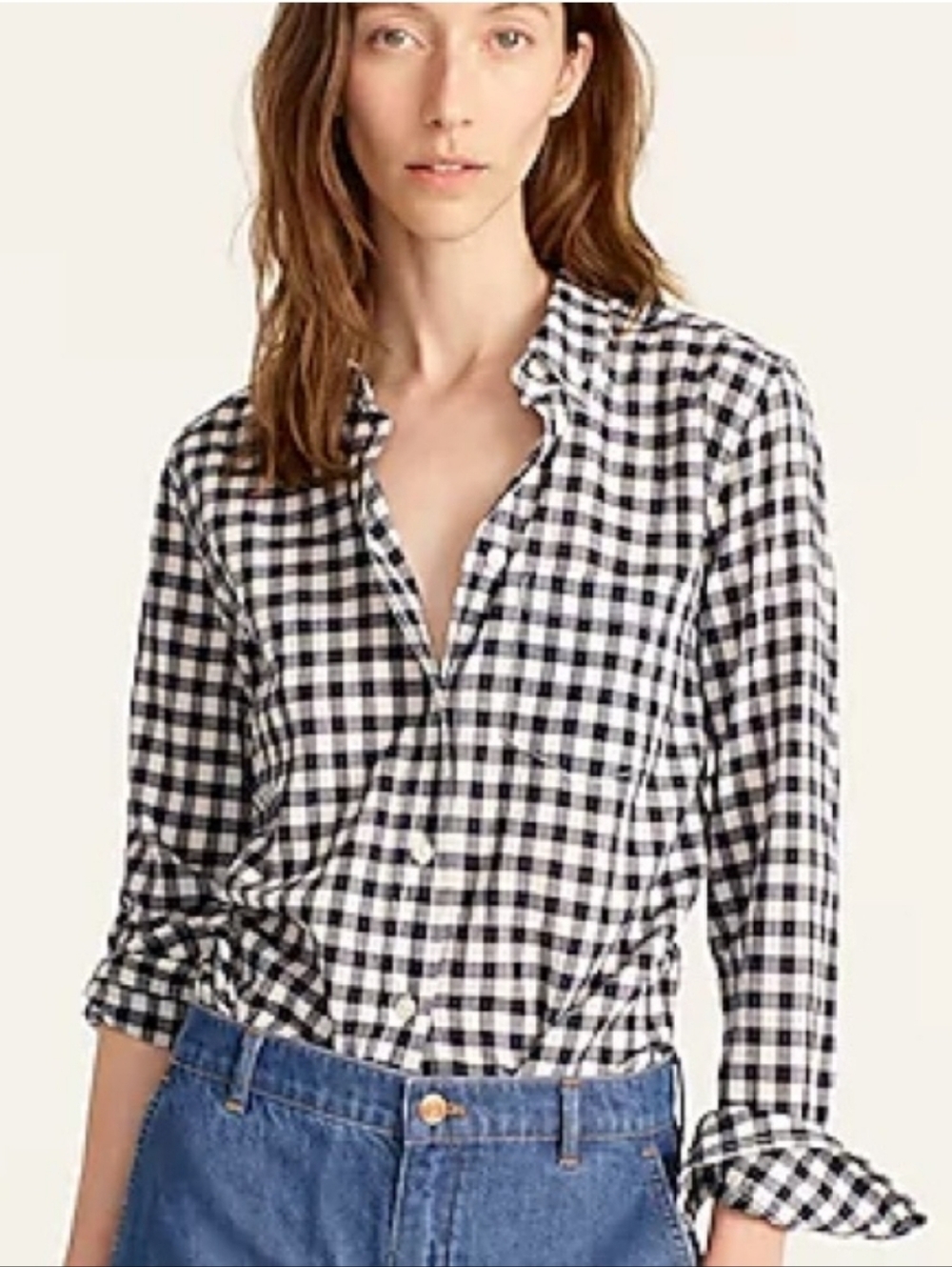 J.Crew Mercantile Navy and White Gingham Crinkle Sleeve Shirt M